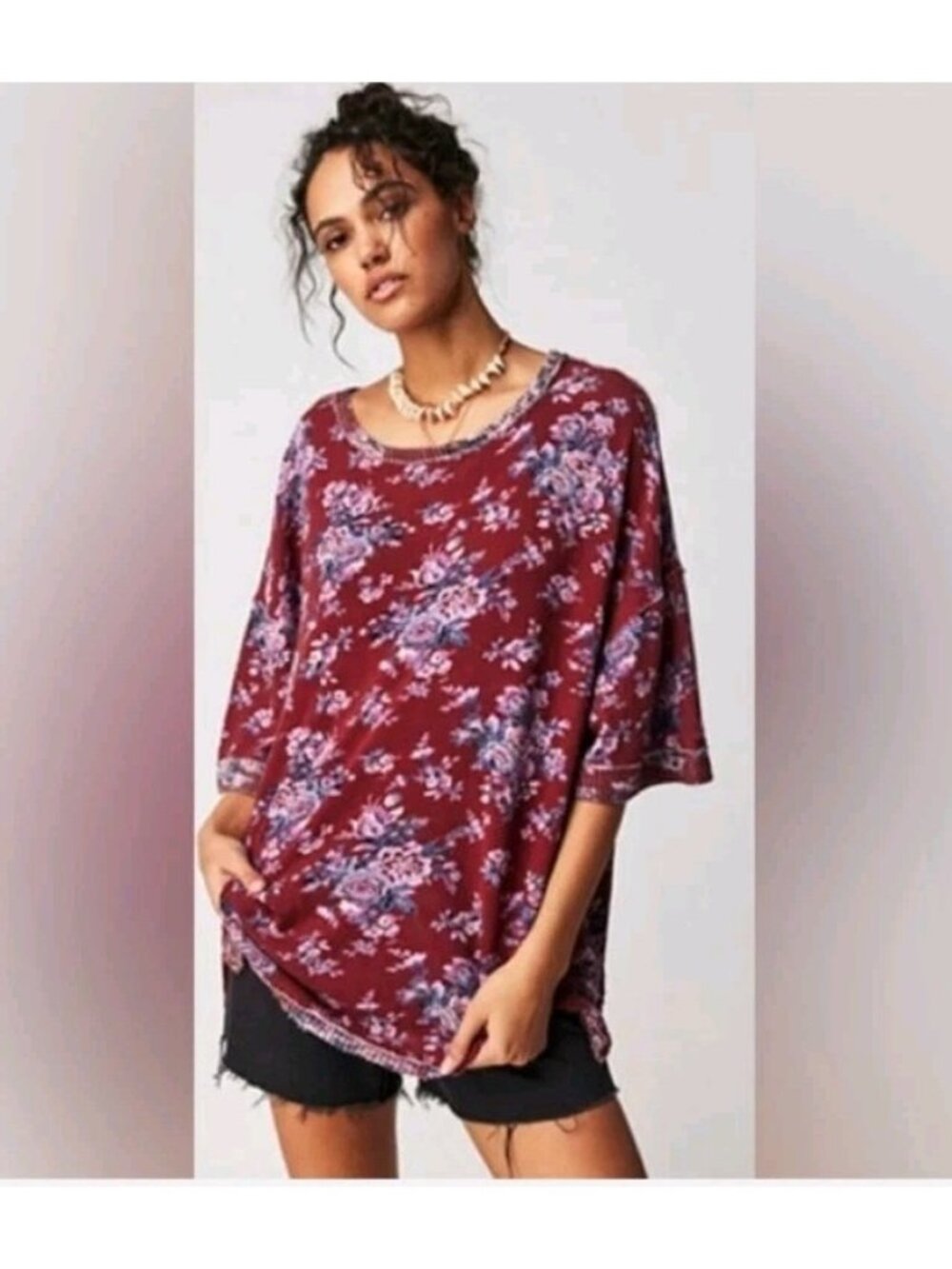 Free People You & Me Lightweight Floral Sweater Tee Half Sleeves XL